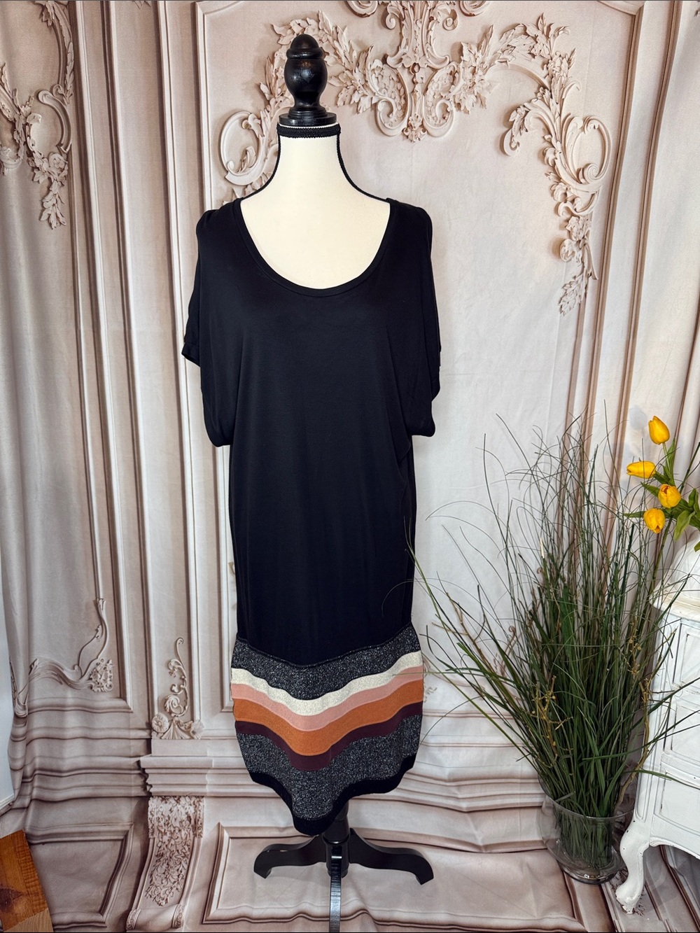 M by Missoni Black Midi Dress with Rust, Cream & Silver Stripes